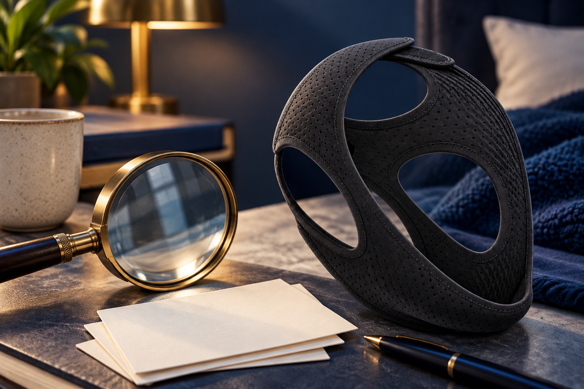 RestHaven editorial image: a magnifying glass resting beside a strap and unmarked paper cards.