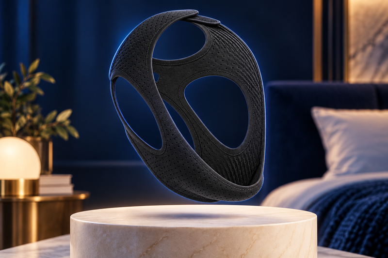 RestHaven editorial image: strap floating above an ivory pedestal with visible ear openings.