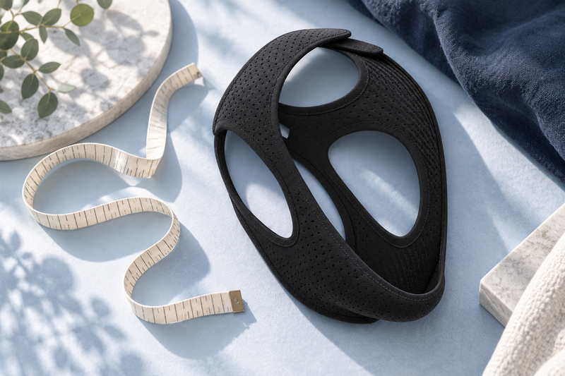 RestHaven editorial image: black strap beside a soft fabric measuring tape laid loosely without measurements emphasized.