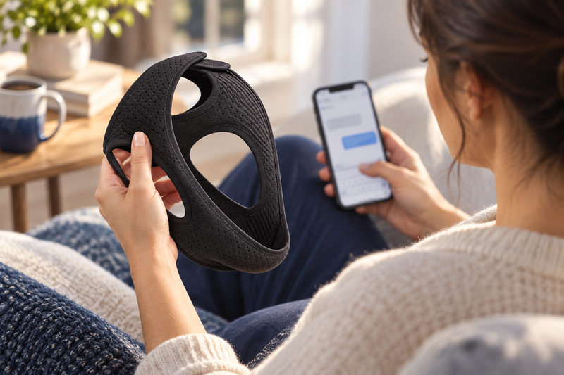 RestHaven editorial image: person holding a removed strap while writing a support message on a blurred phone.
