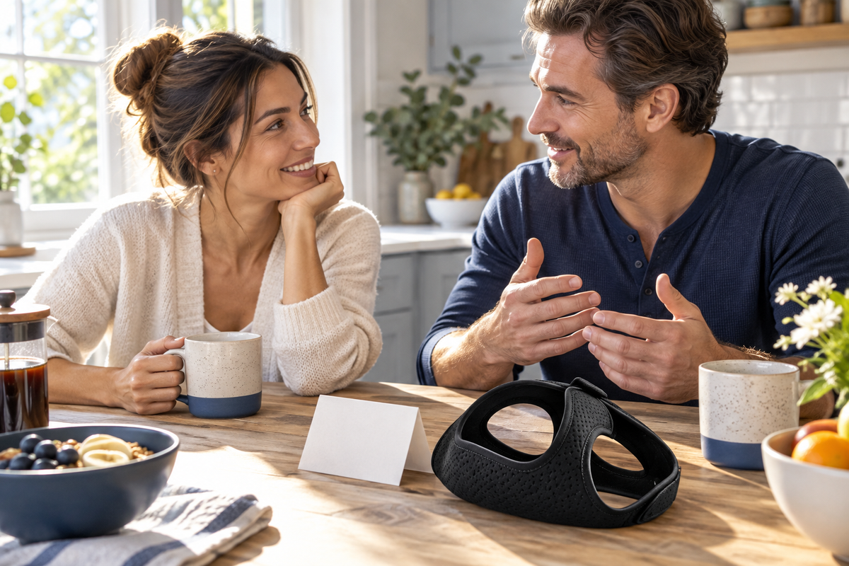 RestHaven editorial image: couple talking at a breakfast table with folded note card and strap pouch nearby.