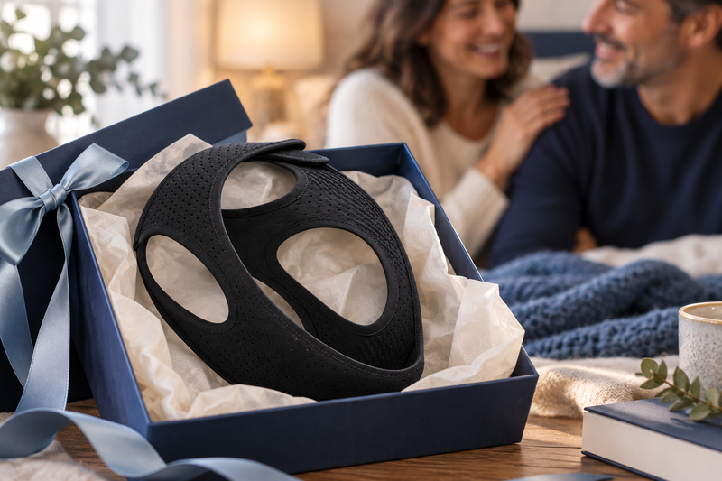 RestHaven editorial image: simple open gift box with strap, recipient and giver softly blurred behind.