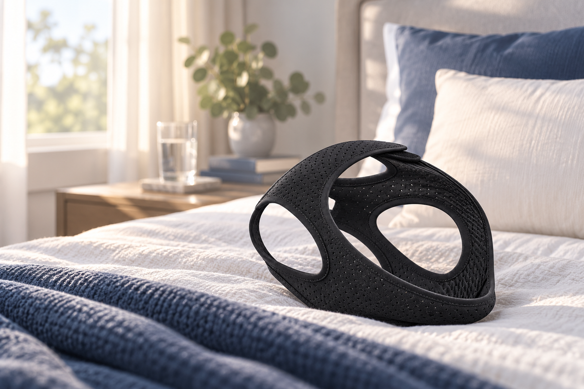 RestHaven editorial image: morning light falling on a made bed with strap stored neatly.
