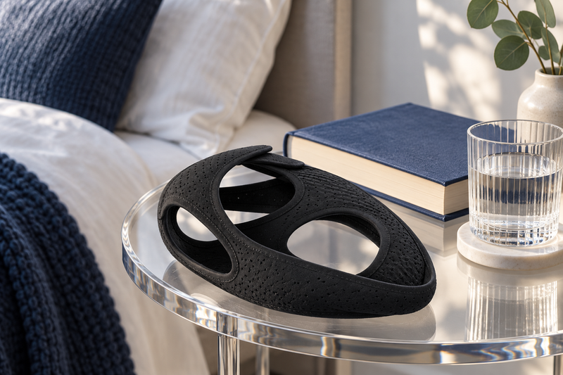 RestHaven editorial image: one book, one glass and one strap on a small clear bedside table.