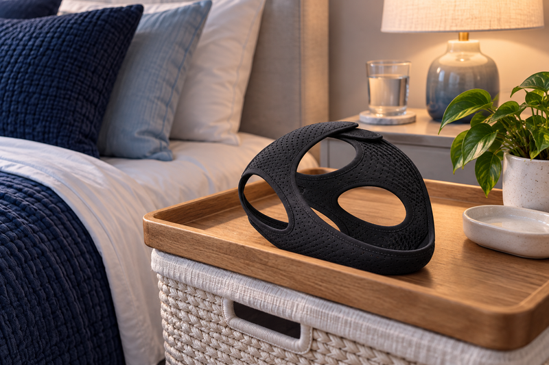 RestHaven editorial image: clean strap on tray above a closed laundry basket.