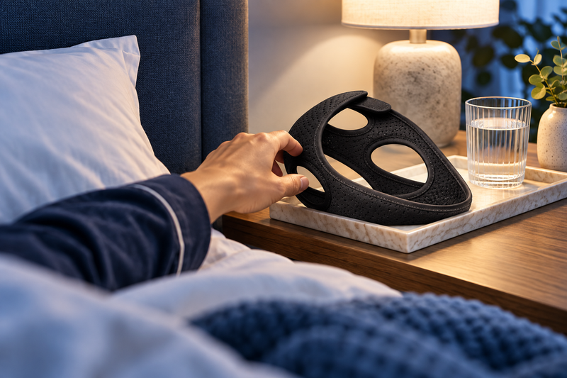 RestHaven editorial image: view from pillow toward reachable bedside tray holding strap.