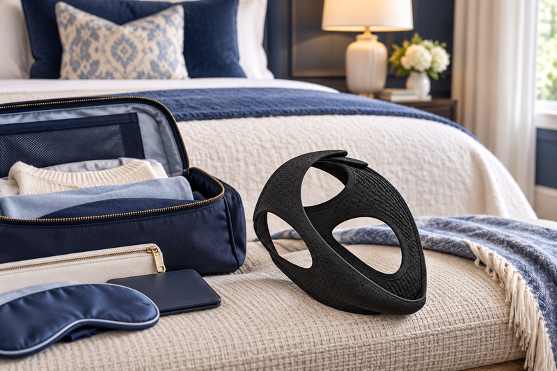 RestHaven editorial image: guest bedroom bench with small travel bag open and strap laid beside it.
