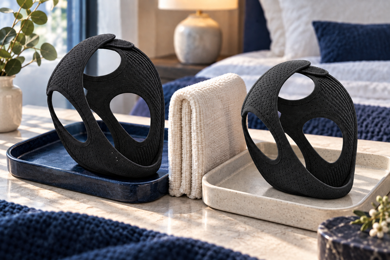 RestHaven editorial image: two straps on individually colored trays separated by a folded towel.