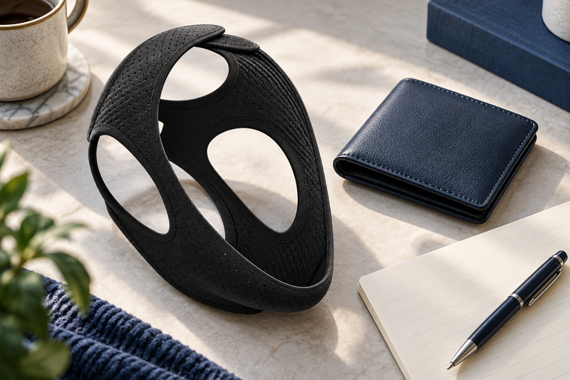 RestHaven editorial image: one strap placed beside a closed wallet and a thoughtful note page.