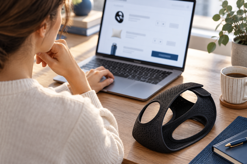 RestHaven editorial image: adult using laptop with blurred cart screen, strap on desk.