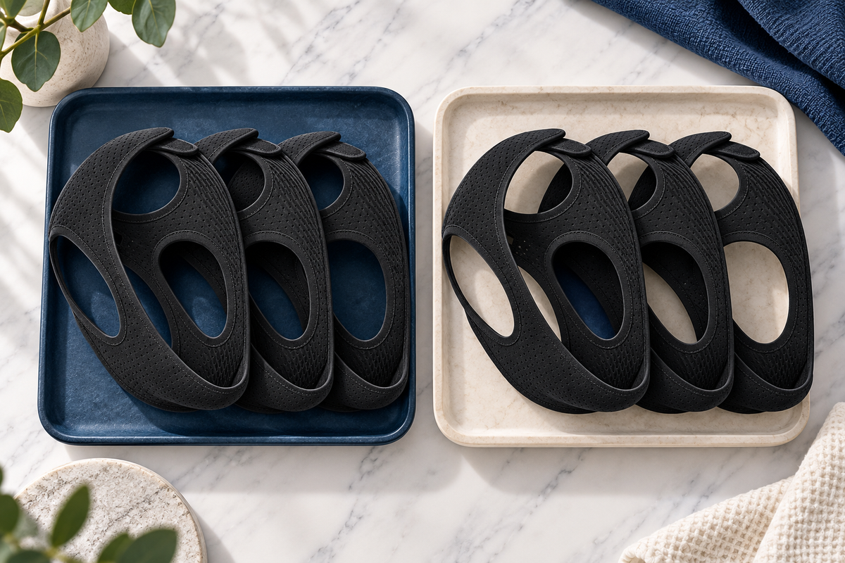 RestHaven editorial image: two neatly grouped packs of three straps on separate trays.