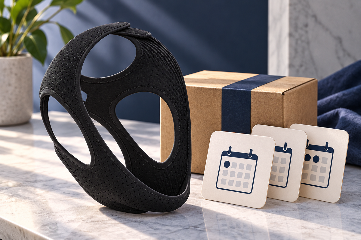 RestHaven editorial image: strap beside small shipping box and three unmarked stacked calendar cards.