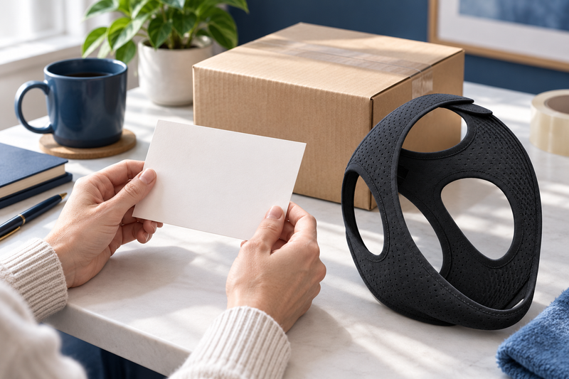 RestHaven editorial image: hands reviewing a blank address card beside a shipping box and strap.
