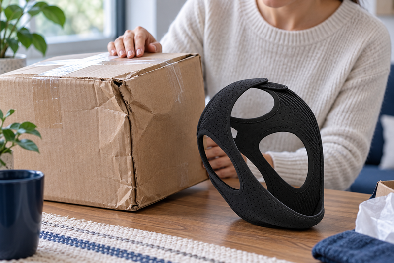 RestHaven editorial image: slightly dented outer box with intact strap pouch on a table.