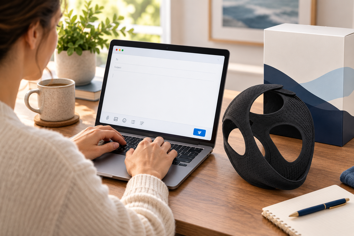 RestHaven editorial image: hands typing a blank email beside the strap and original box.