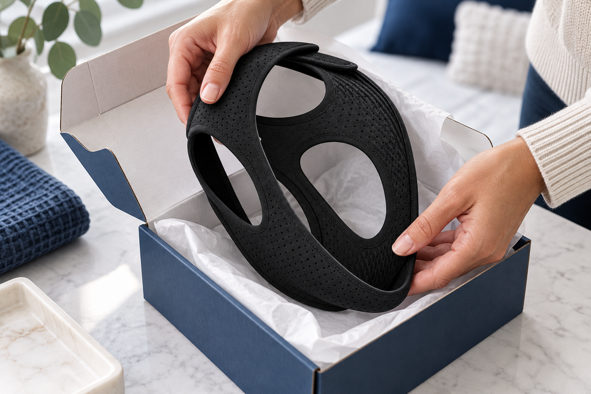 RestHaven editorial image: hands placing strap carefully into a clean small return box.