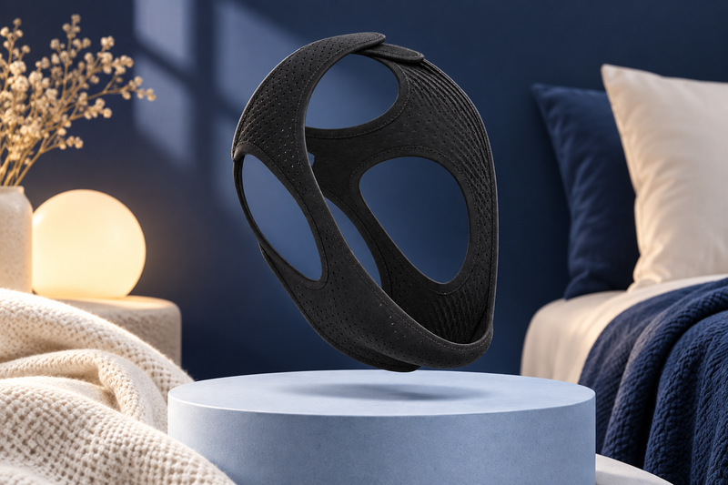 RestHaven editorial image: a floating black chin strap with a clean shadow on a pale blue plinth.