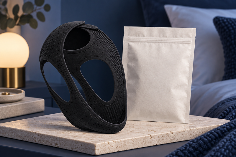 RestHaven editorial image: black fabric strap beside a plain sealed paper sleeve, no use on a person.