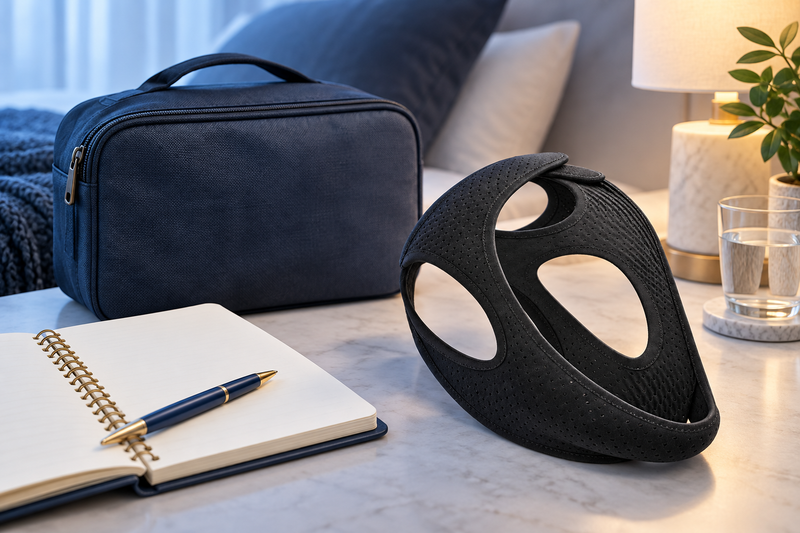 RestHaven editorial image: a notebook with blank pages and a strap beside a closed equipment travel bag.
