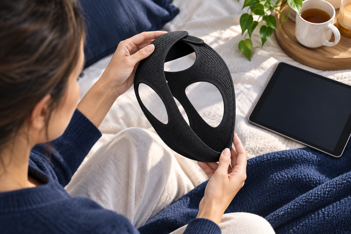 RestHaven editorial image: an adult examining the black strap beside a tablet with no readable screen.
