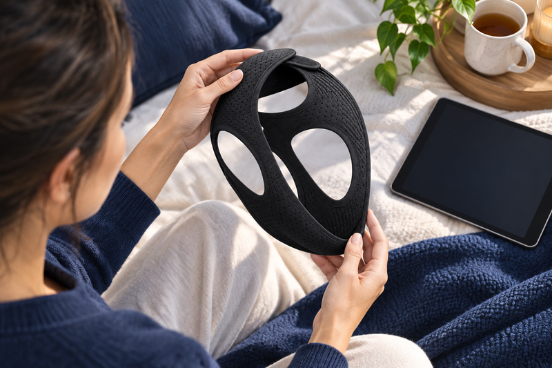 RestHaven editorial image: an adult examining the black strap beside a tablet with no readable screen.