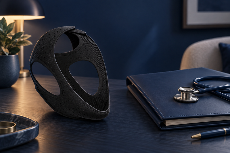 RestHaven editorial image: a black strap on one side of a desk and a closed medical consultation folder on the other.
