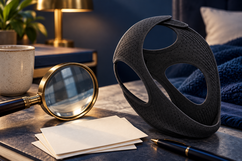 RestHaven editorial image: a magnifying glass resting beside a strap and unmarked paper cards.