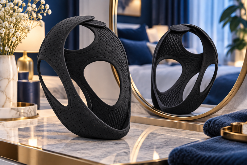 RestHaven editorial image: the strap shown in a mirror with front and reverse surfaces visible.