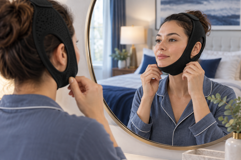 RestHaven editorial image: adult lifting the correct black strap around the chin in a bedroom mirror.