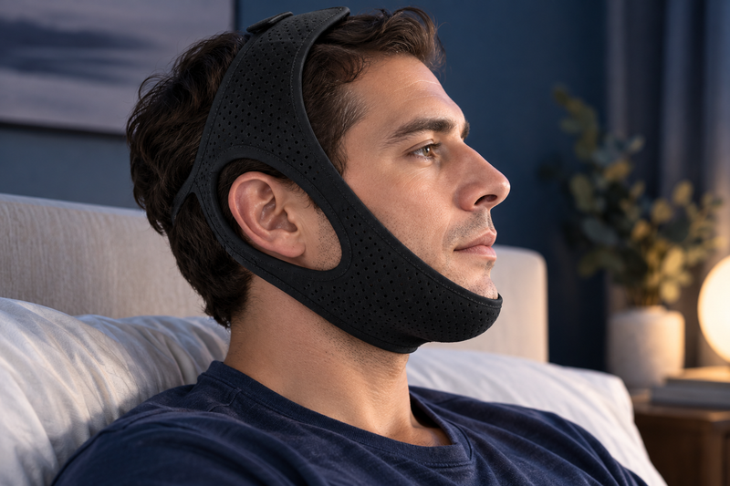 RestHaven editorial image: side profile of adult with broad strap below chin and visible lips and nose.