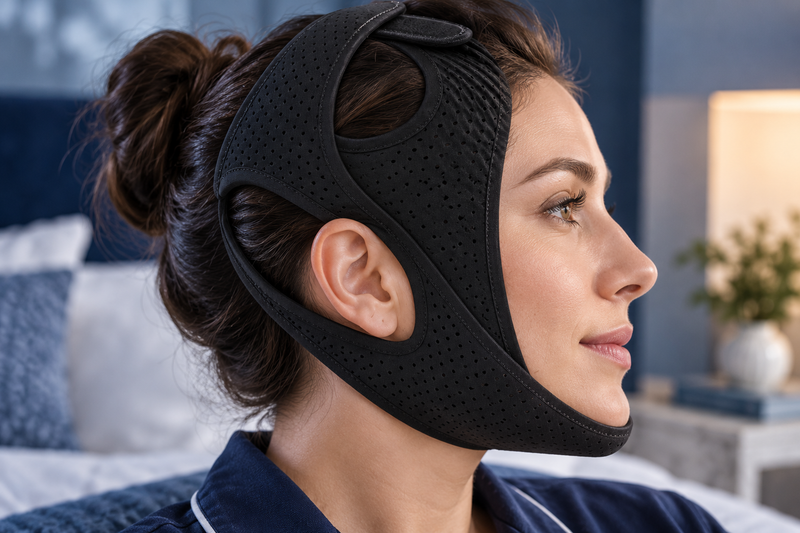RestHaven editorial image: detailed side view of one ear centered in the strap opening.