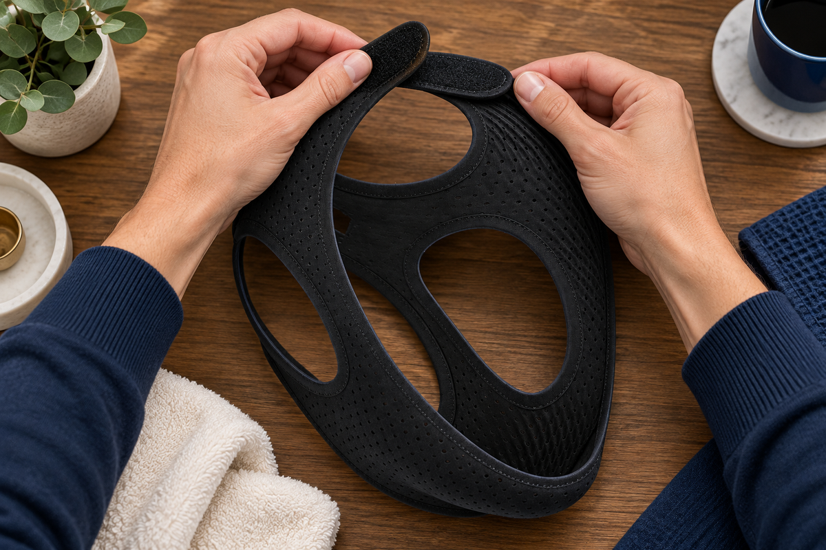 RestHaven editorial image: hands opening the hook and loop tab on a loose strap.