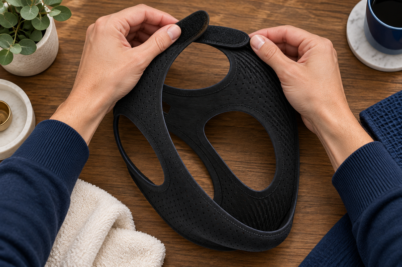 RestHaven editorial image: hands opening the hook and loop tab on a loose strap.