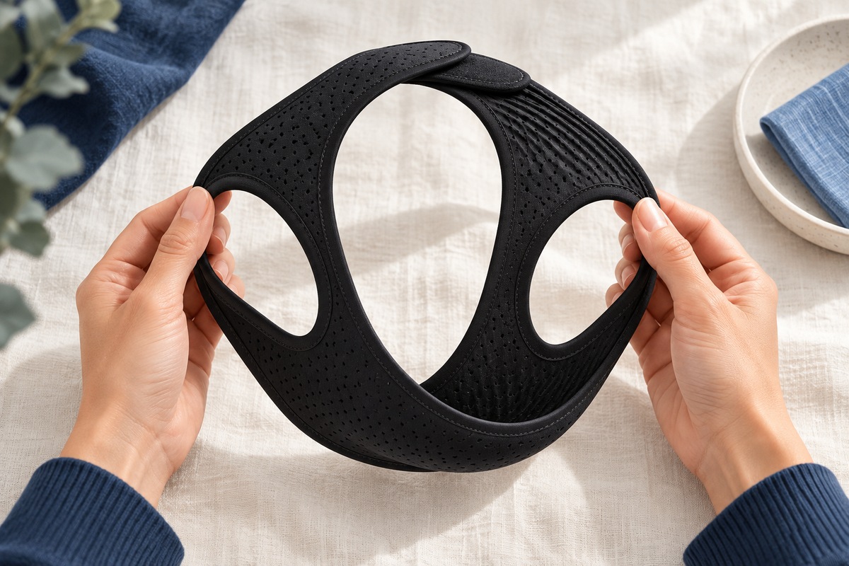RestHaven editorial image: two hands holding the strap open above ivory linen.