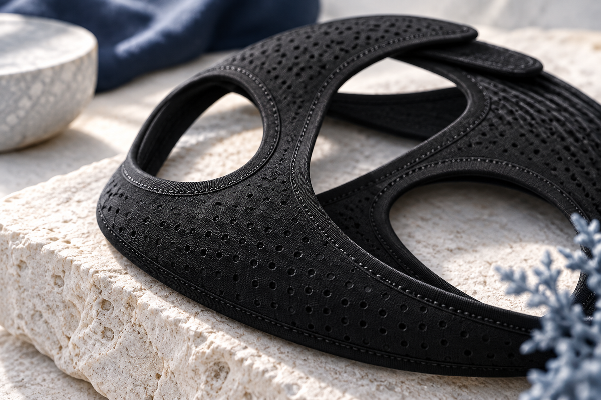 RestHaven editorial image: extreme detail of the bound edge of black perforated strap on pale stone.