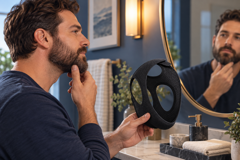 RestHaven editorial image: bearded adult examining the strap in a mirror with the product resting in one hand.