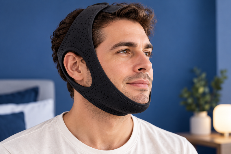 RestHaven editorial image: adult in three quarter portrait wearing strap beneath chin, lips and nostrils clearly visible.