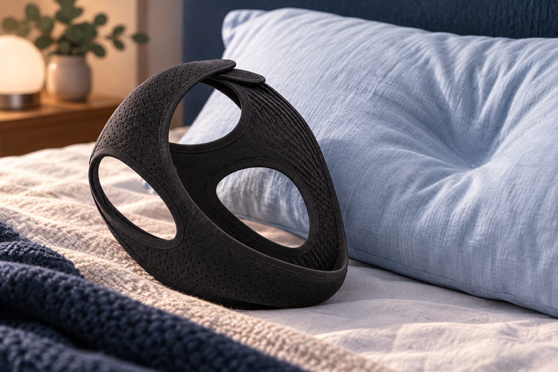 RestHaven editorial image: strap laid next to a gently indented pale blue pillow.