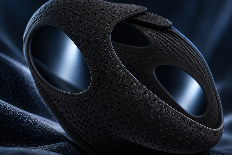 RestHaven editorial image: black perforated textile with a softly lit ear opening behind it.