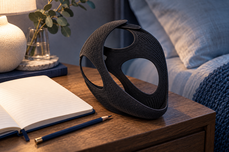 RestHaven editorial image: blank notebook beside strap and pencil at a bedside.