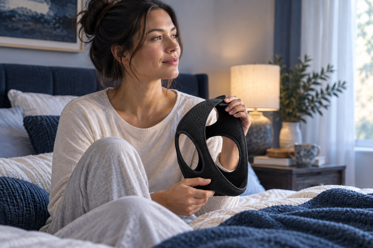 RestHaven editorial image: adult resting seated on the bed holding the strap, no pressure to wear it.