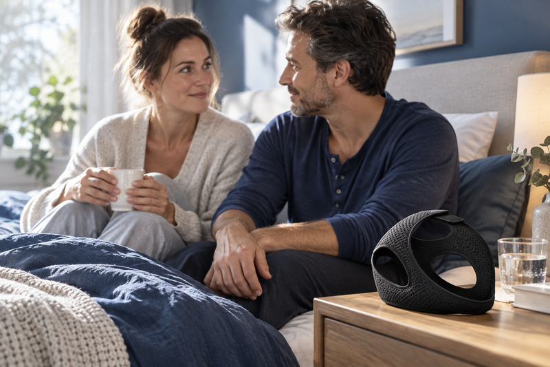 RestHaven editorial image: couple sitting together on a bed with relaxed hands and a strap on the bedside table.
