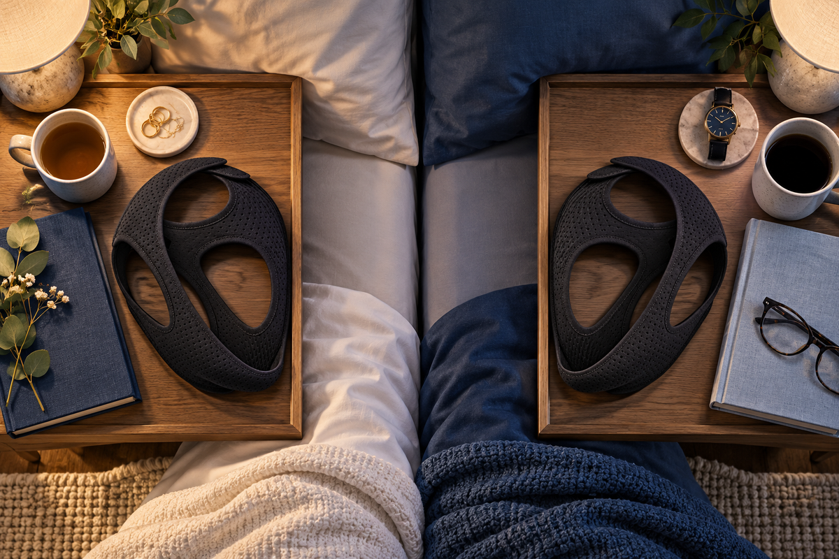 RestHaven editorial image: two separate bedside trays with one strap each and personal books.