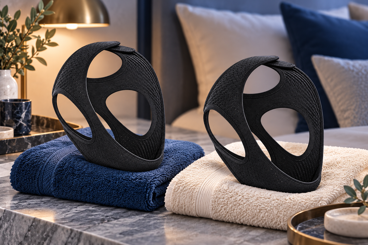 RestHaven editorial image: two black straps on separate neatly folded blue and ivory towels.