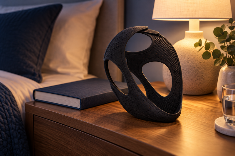 RestHaven editorial image: strap, closed book and small lamp on a tidy bedside table.