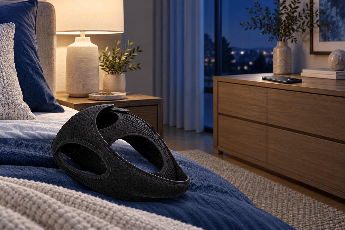 RestHaven editorial image: phone face down on a distant dresser, strap beside bed in foreground.