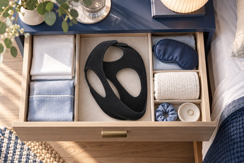 RestHaven editorial image: open drawer with clean folded linens and strap on a divided tray.