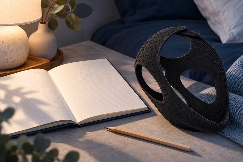 RestHaven editorial image: blank open notebook, pencil, strap and soft lamp shadow.