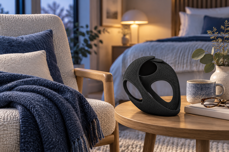 RestHaven editorial image: comfortable bedroom chair, folded blanket, strap on small side table.