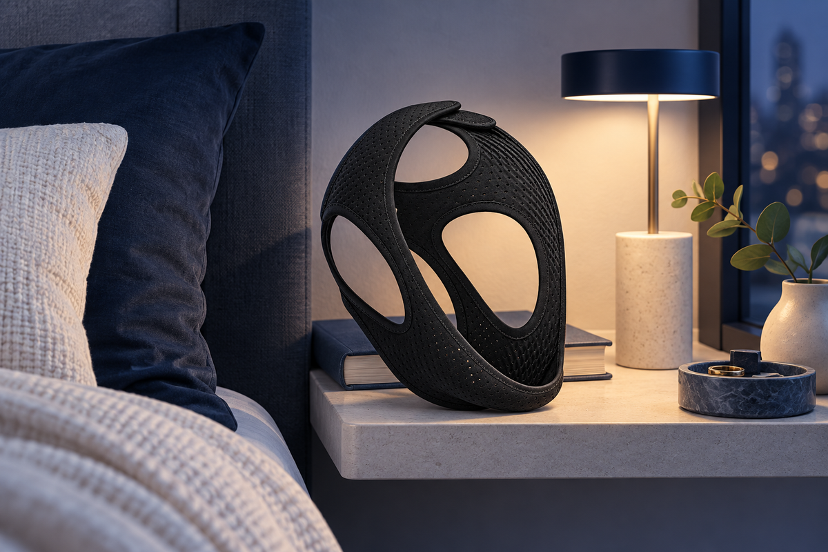 RestHaven editorial image: compact bedside shelf with strap, book and narrow lamp.